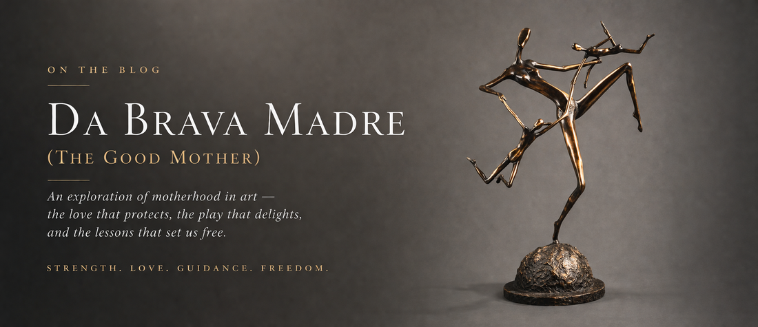 Da Brava Madre bronze sculpture by Gesso Cocteau — a contemporary fine art bronze depicting motherhood, with elongated figures in dynamic balance