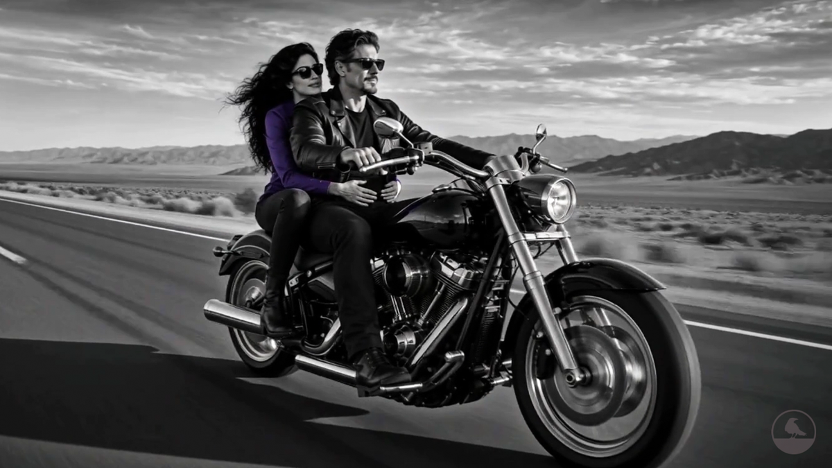 Gesso Cocteau and Carl riding a motorcycle through the desert